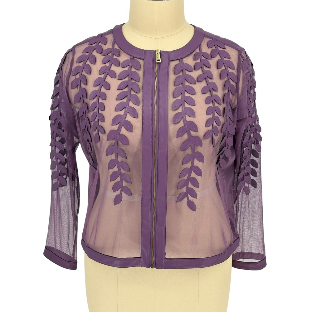 Colleen Lopez Jacket Purple Faux Leather Mesh Leaf Applique Zip Up XL